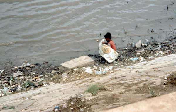Dreng samler affald i Mekong-floden.jpg (26266 bytes)